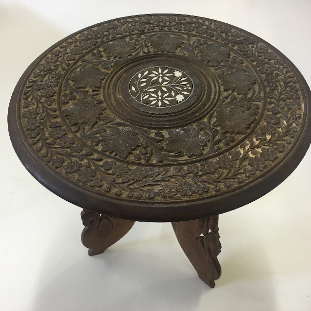 TABLE, Side Table - Carved Wood w Shell Inlay
